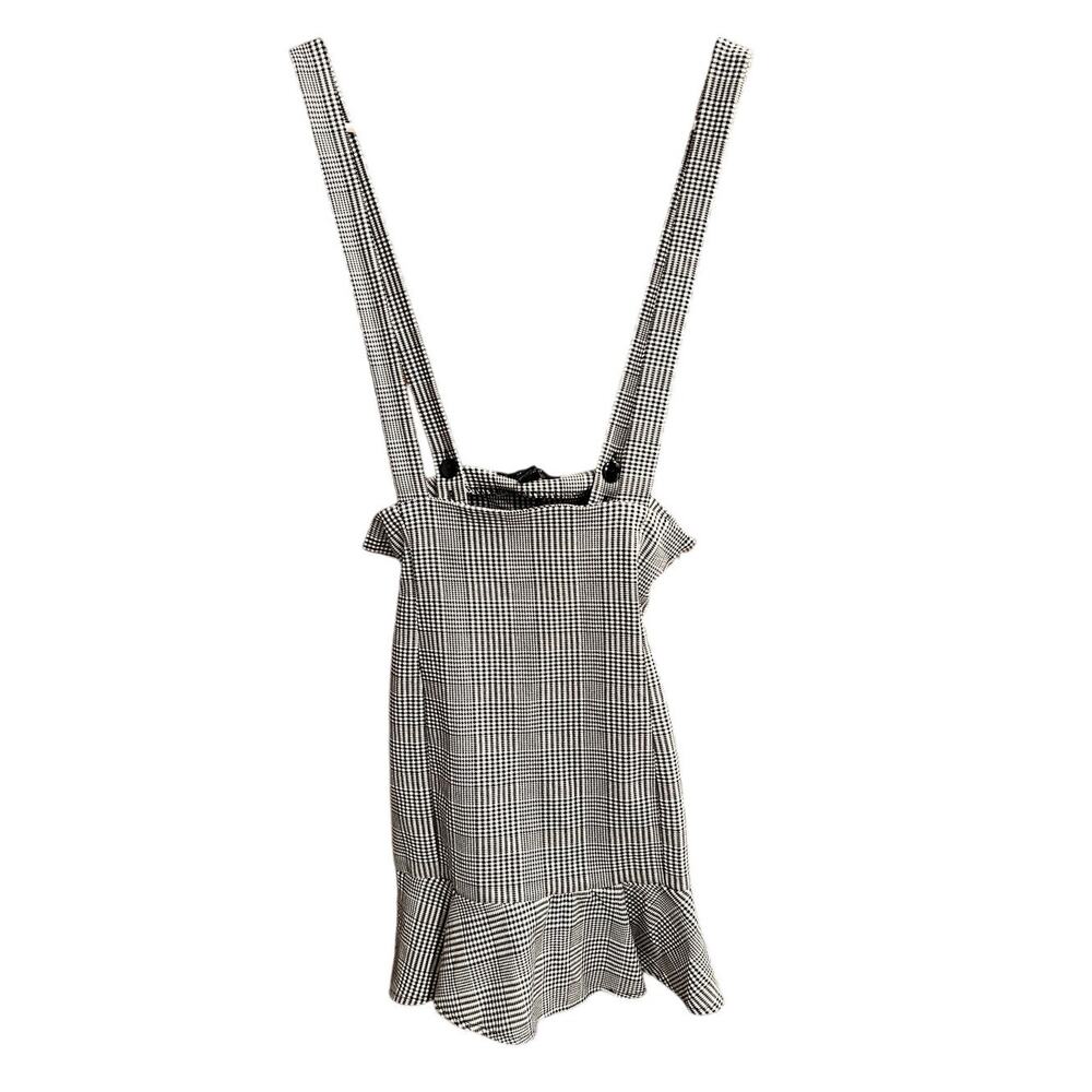 Forever 21 Pinafore Dress Micro Houndstooth‎ Plaid Black White Ruffled Hem Small
